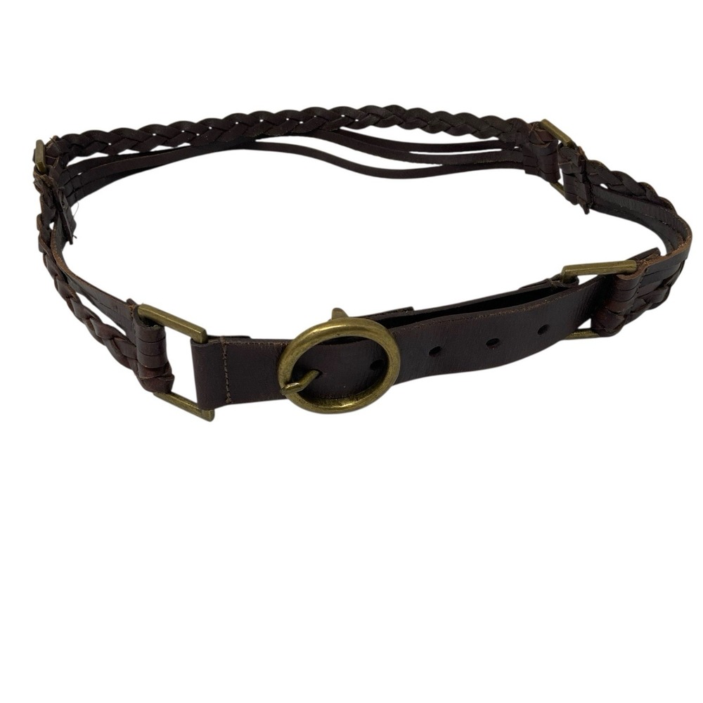Jessica Simpson Brown Braided & Straps Leather Belt Brass Buckle Size Large